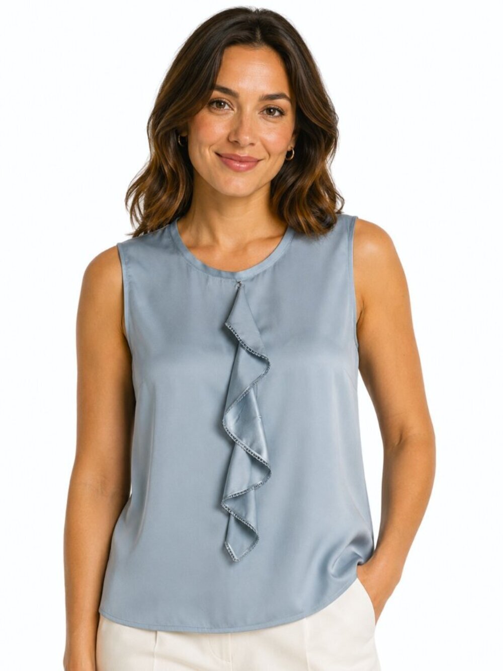 Tonet Blue Italian Silk Cascade Trim Sleeveless Top NWT